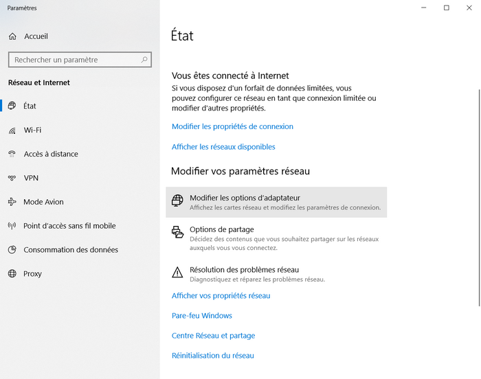 Modifier les options d'adaptateur