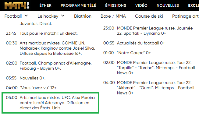 UFC sur Match TV