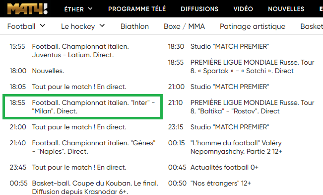 Inter - AC Milan sur Match TV