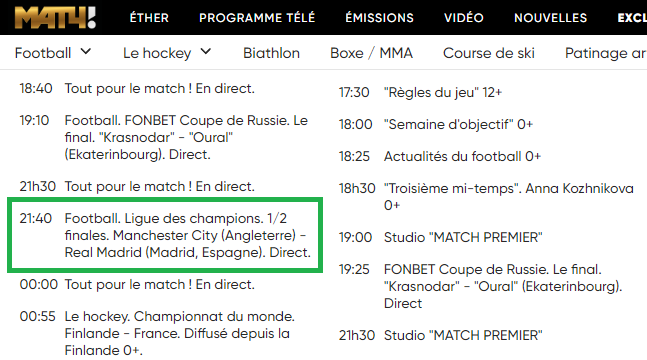 Programme TV de Match TV (chaîne russe gratuite)