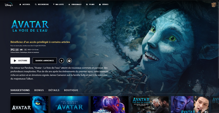 Avatar 2 sur Disney+ US en France
