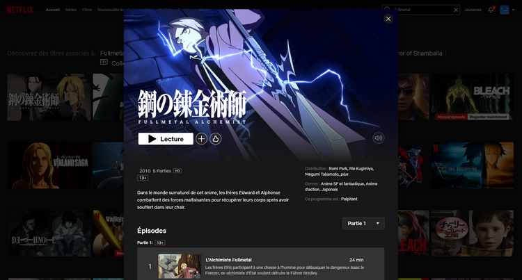 Fullmetal Alchemist : Brotherhood sur Netflix