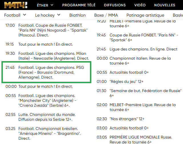PSG Dortmund sur Match TV